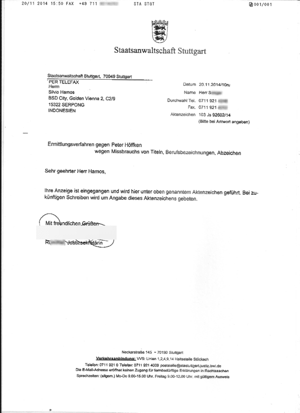 Eingangsbestätigung der Staatsanwaltschaft Stuutgart wegen Strafanzeige gegen Peter Höffken wegen Titelmissbrauch