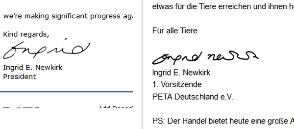  Links: Unterschrift PeTA USA / Rechts:Unterschrift PeTA Deutschland
