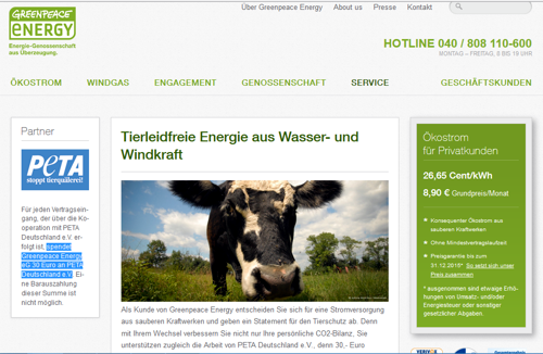 PeTA Landingpage bei www.greenpeace-energy.de / Screenshot der Webseite