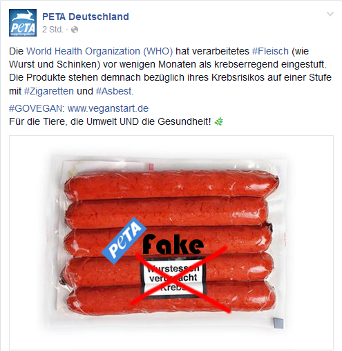 Screenshot PeTA Facebook Seite, als Fakemeldung durch Gerati.de entlarvt