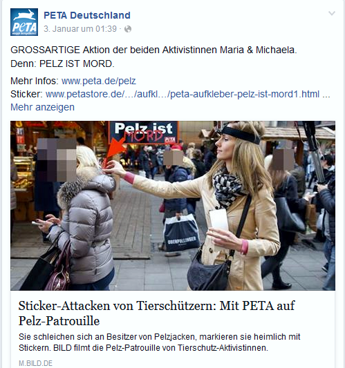 Sachbeschädigung durch PeTA Mitarbeiter Screenshot PeTA-Facebook