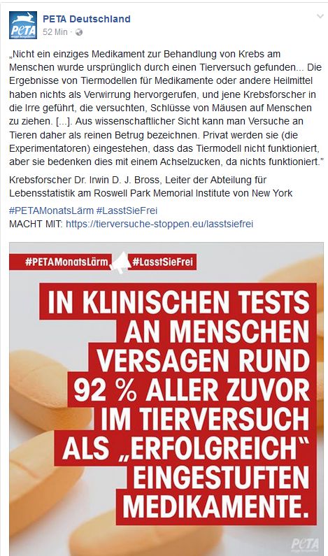 PeTA Lügen über Tierversuche / Screenshot Facebook PeTA Deutschland