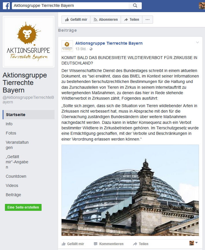 Wildtierverbot durch Kommunen rechtswidrig? / Screenshot Facebook Aktionsgruppe Tierrechte Bayern