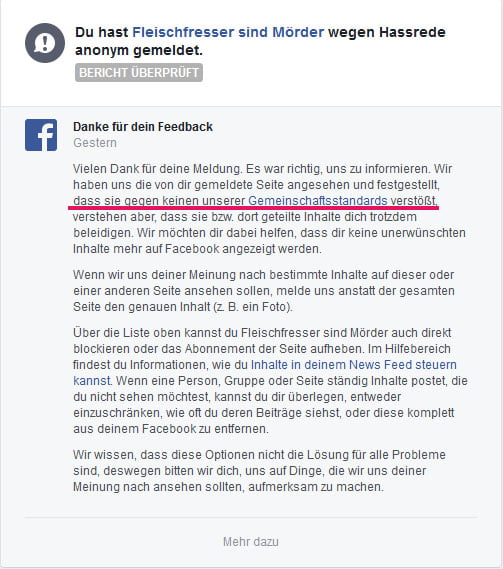 "sind Mörder" verstößt nicht gegen die Facebookbestimmungen