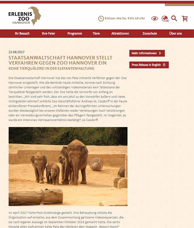 Pressemitteilung des Zoo Hannover über die Einstellung des Ermittlungsverfahrens / https://www.zoo-hannover.de/de/ueber-uns/presse-archiv/Staatsanwaltschaft-stellt-Verfahren-ein