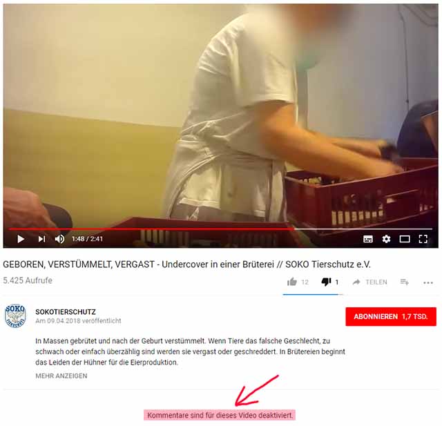 Kommentare werden unter diesem Video nicht zugelassen / Screenshot Youtube Kanal von Soko Tierschutz