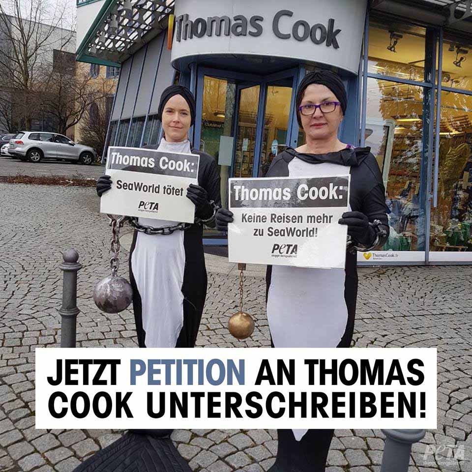 Peta demonstrierte vor Thomas Cook Filialen und belästigte Kunden des Unternehmens / Screenshot: Facebook Peta Deutschland