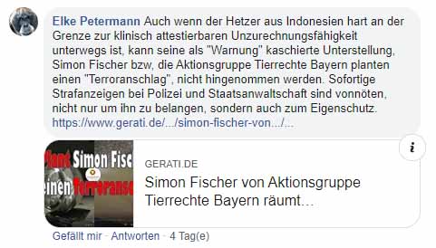 Screenshot Facebook Seite Aktionsgruppe Tierrechte Bayern betrieben von Simon Fischer
