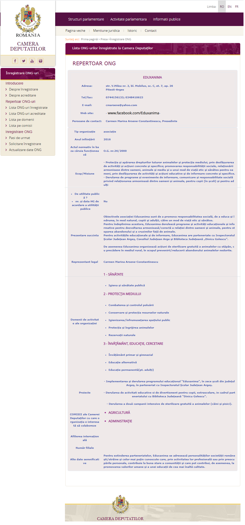 Screenshot Registrierung Eduxanimal bei cdep.ro