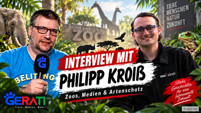 Interview mit Philipp Kroiß: Silvio Harnos und Philipp Kroiß vor einer Zoo-Kulisse mit Tieren und großem Schriftzug zum Thema Zoos, Medien und Artenschutz.