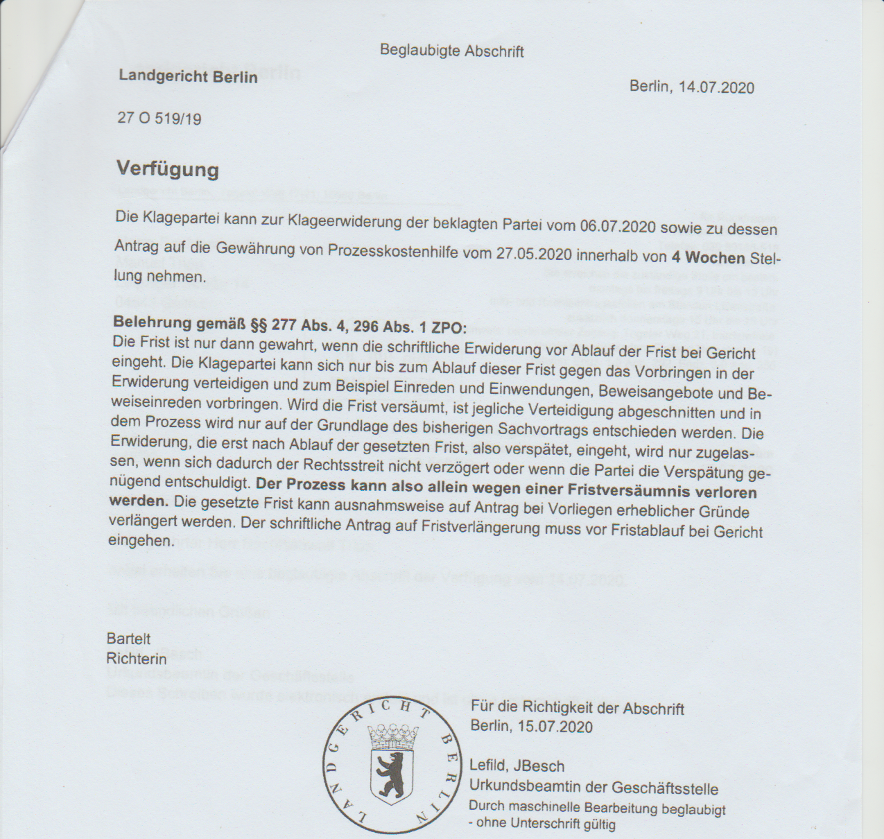 Frist für Klagepartei Haferebeck durch das Landgericht Berlin
