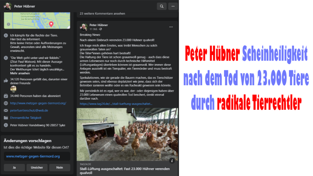 Peter Hübner Scheinheiligkeit nach dem Tod von 23.000 Tiere durch radikale Tierrechtler
