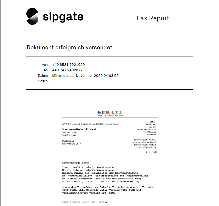 Versandnachweis Fax Strafanzeige gegen Peta
