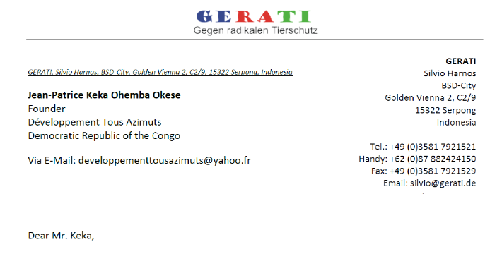 Nach einer E-Mail von Peta, klärt GERATI das kongolesischen Weltraumunternehmen Développement Tous Azimuts (DTA), über die kriminellen Machenschaften von Peta auf!