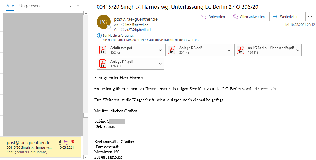 Screenshot E-Mail Eingang Rechtsanwälte Günther die Krishna Singh vertreten