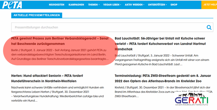 Wenige Stunden nach dem GERATI Artikel zum Thema „Hat PETA noch ein Anrecht auf Sitze im Berliner Tierschutzverbandsklagerecht?“ sah sich PETA genötigt zu einer Pressemitteilung!