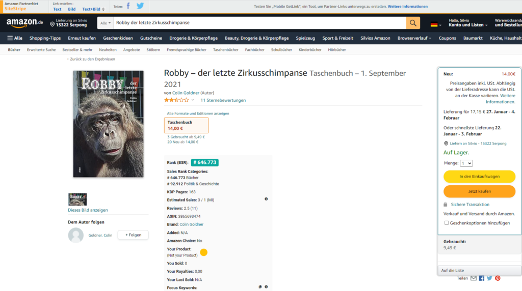 Amazon Verkaufs BSR Wert für "Robby - der letzte Zirkusschimpanse"