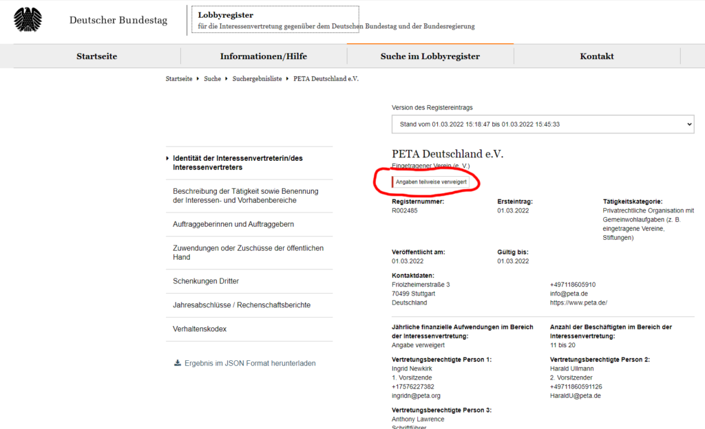 Screenshot Deutscher Bundestag Lobbyregister PETA