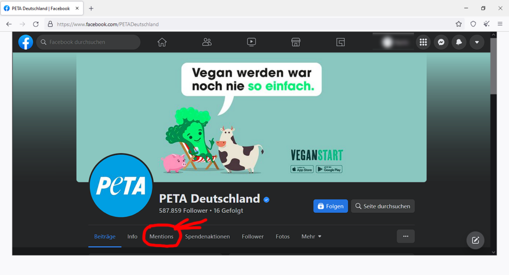 Screenshoot Facebook PETA Deutschland