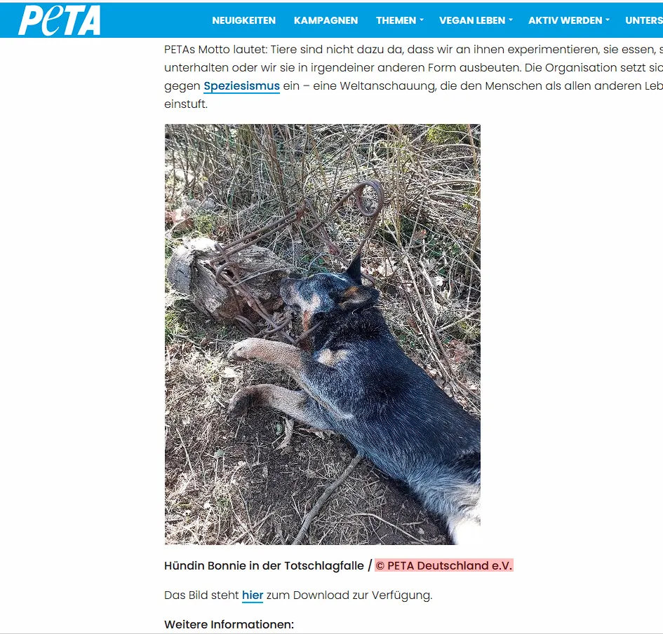 Screenshot PETA.de mit Urheberrechtsangabe für das Foto