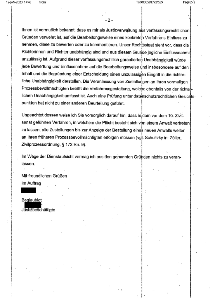 Antwortschreiben des Präsidenten des Kammergerichtes Berlin Seite 2