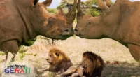 Symbol für den Artenschutz: Löwenpaar mit Nashörnern