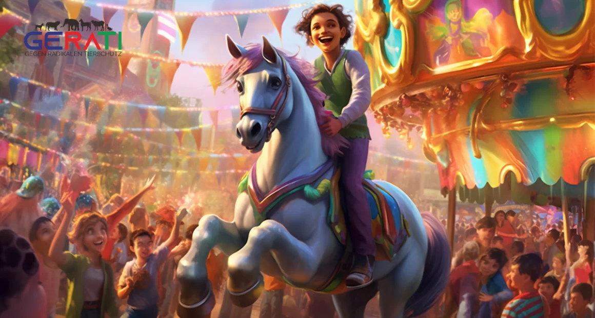 Ein glückliches Mädchen auf einem Ponny in einem Ponnykarrussel - ein Tag voller Spaß auf dem Volksfest.