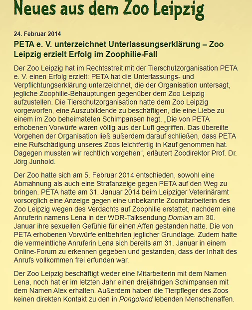 Ein Screenshot der Pressemitteilung des Leipziger Zoos zeigt eine Überschrift sowie ein Bild des Zoos. Darunter ist der Text der Mitteilung zu sehen.