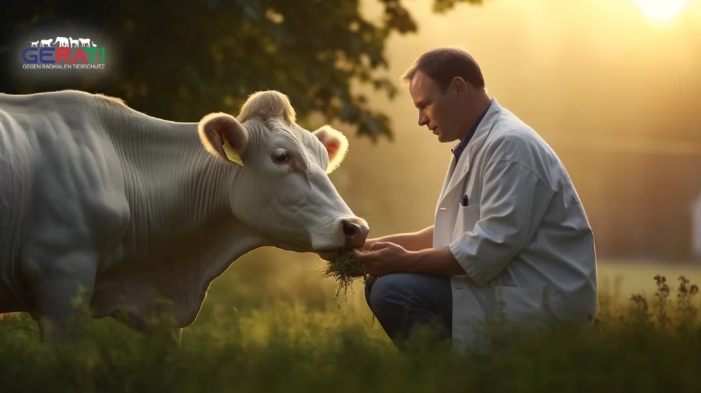 Rindergesundheit, ein mitfühlender Tierarzt kümmert sich sanft um eine kranke Kuh auf einer üppigen, idyllischen Weide in Niedersachsen, unter sanftem Morgenlicht.