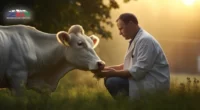 Rindergesundheit, ein mitfühlender Tierarzt kümmert sich sanft um eine kranke Kuh auf einer üppigen, idyllischen Weide in Niedersachsen, unter sanftem Morgenlicht.