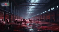 Bild zeigt Tierschutzverstöße im Aschaffenburger Schlachthof - gestresste Tiere in engen und unsauberen Bedingungen, umgeben von besorgten Aktivisten und missbilligenden Zuschauern.