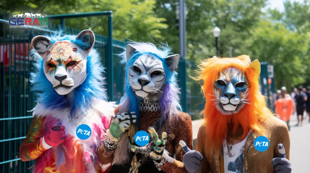 Drei PETA Aktivisten in Karnevalskostümen stehen vor dem Zooeingang und halten bunte Banner und Schilder hoch, um auf die Rechte der Tiere aufmerksam zu machen. Sie zögern jedoch und vermeiden es schüchtern, den Zoo zu betreten.