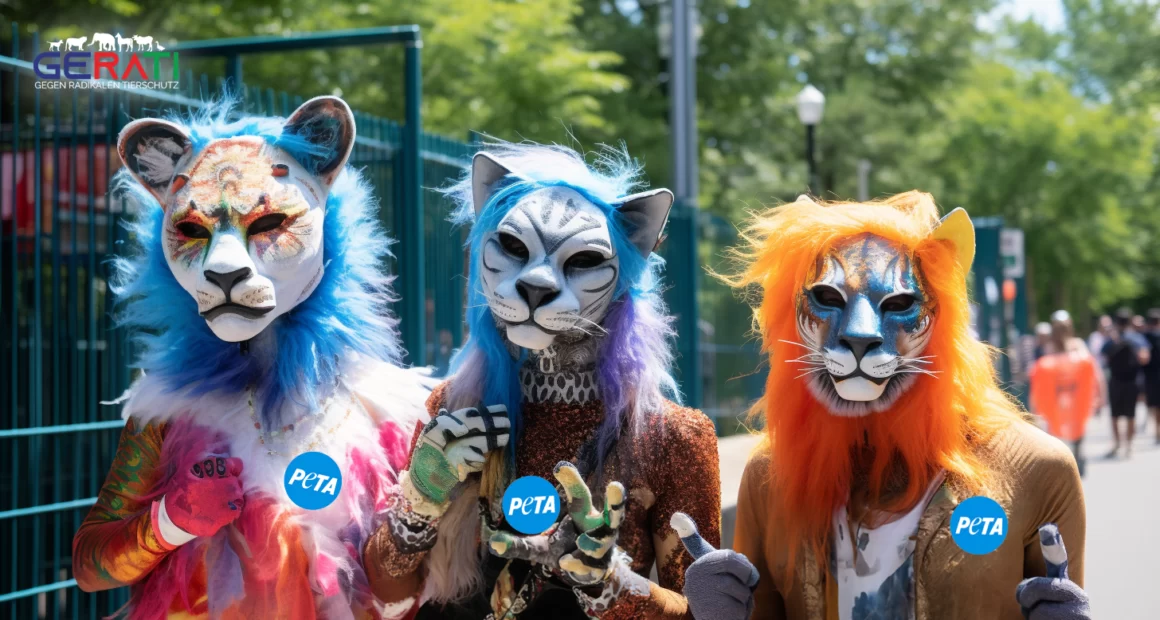 Drei PETA Aktivisten in Karnevalskostümen stehen vor dem Zooeingang und halten bunte Banner und Schilder hoch, um auf die Rechte der Tiere aufmerksam zu machen. Sie zögern jedoch und vermeiden es schüchtern, den Zoo zu betreten.