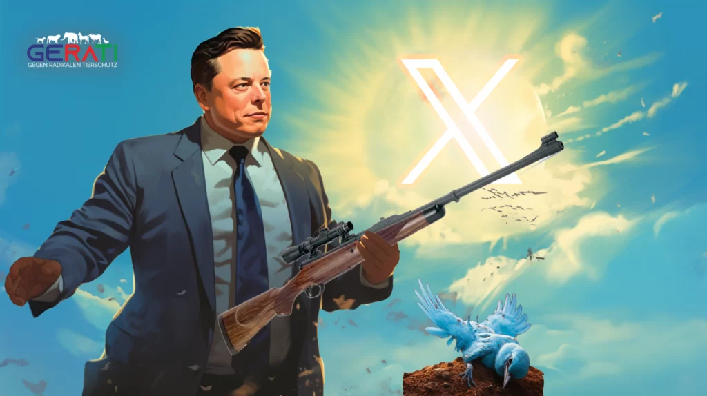 Ein Titelbild mit einem lachenden Elon Musk der gerade den Twitter Vogel abgeschossen hat.