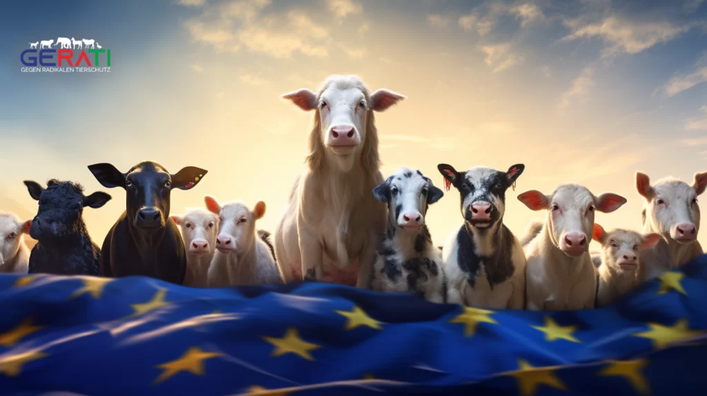 Eine bunte Illustration zeigt den Fortschritt der EU-Tierschutzreform durch den legislativen Prozess. Symbole für das Überwinden von Hindernissen und den Fortschritt hin zu verbessertem Tierschutz werden lebhaft dargestellt.