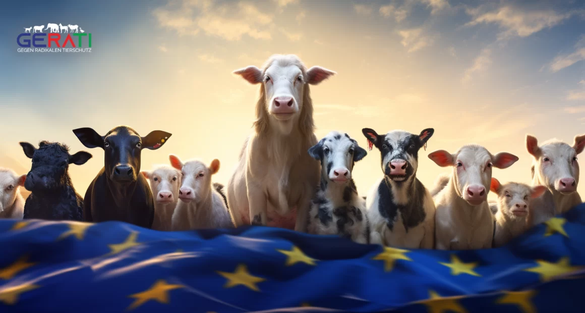 Eine bunte Illustration zeigt den Fortschritt der EU-Tierschutzreform durch den legislativen Prozess. Symbole für das Überwinden von Hindernissen und den Fortschritt hin zu verbessertem Tierschutz werden lebhaft dargestellt.