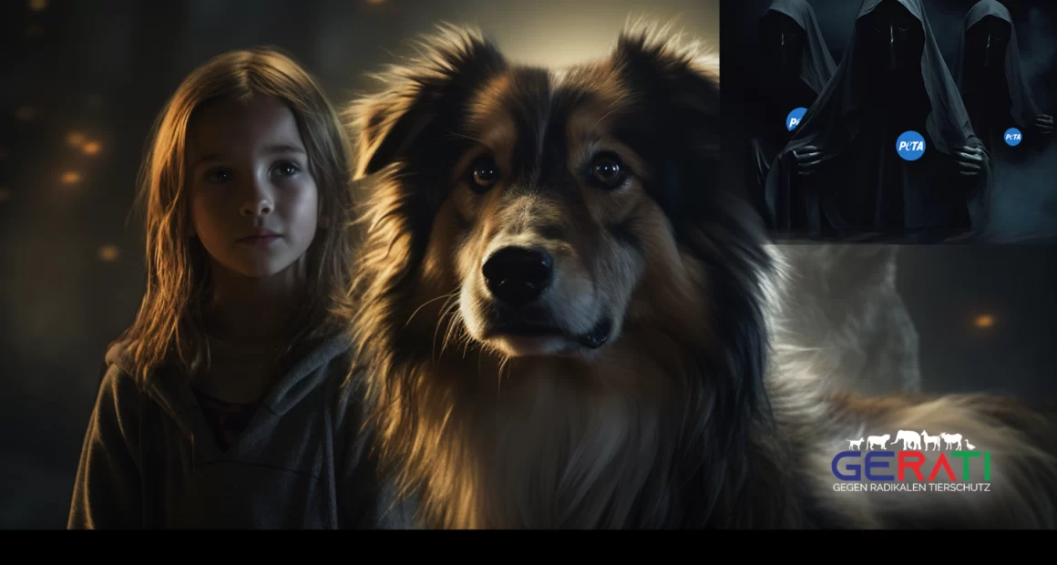 Ein Bild eines treuen Hundes namens Lassie, der in Erinnerung an den Film unsere Kindheit wieder aufleben lässt. Im Hintergrund bedrohen dunkle Gestalten den Hund Lassie und sollen PETA repräsentieren.