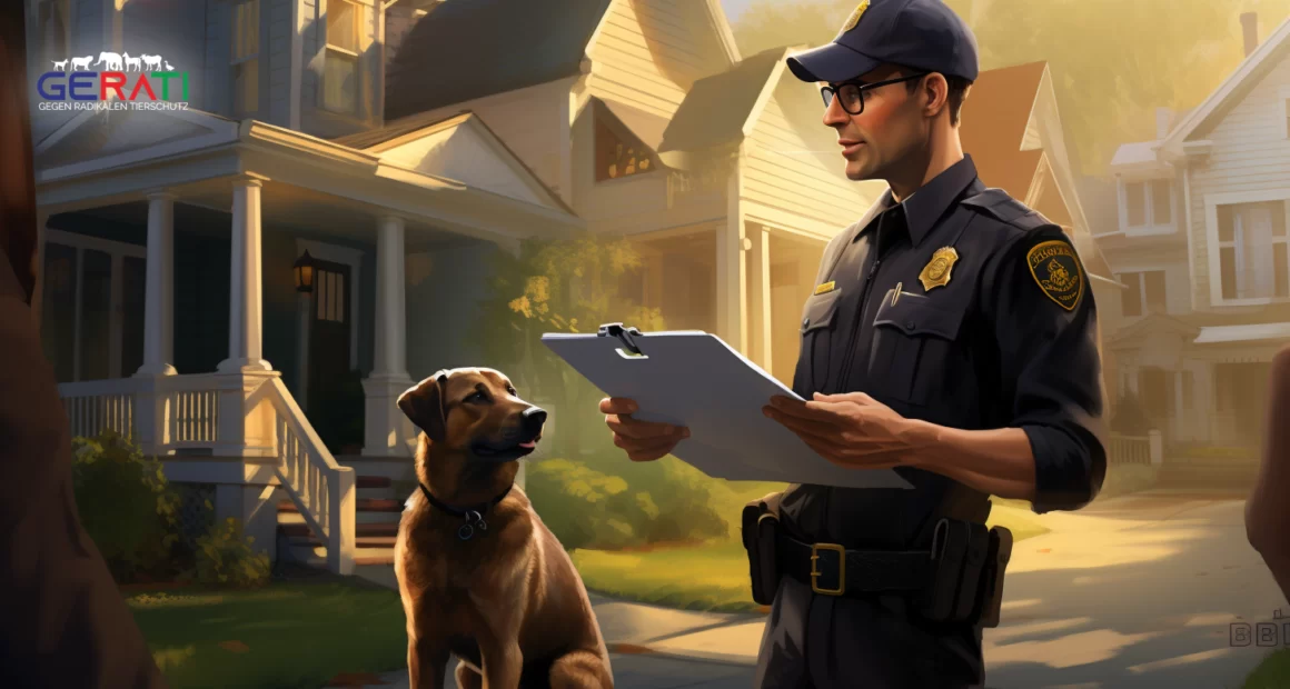 Ein Wohnstraßenbild zeigt einen erstaunten Hausbesitzer, der die Tür für Regierungsbeamte öffnet, die auf eine Beschwerde über lärmende Hunde reagieren. Die Beamten tragen offizielle Dokumente und Uniformen.