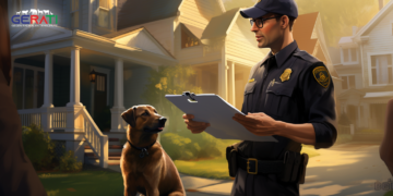 Unangekündigter Besuch: Behörden reagieren auf Hunde-Beschwerde wegen Tierschutz 10 Ein Wohnstraßenbild zeigt einen erstaunten Hausbesitzer, der die Tür für Regierungsbeamte öffnet, die auf eine Beschwerde über lärmende Hunde reagieren. Die Beamten tragen offizielle Dokumente und Uniformen.