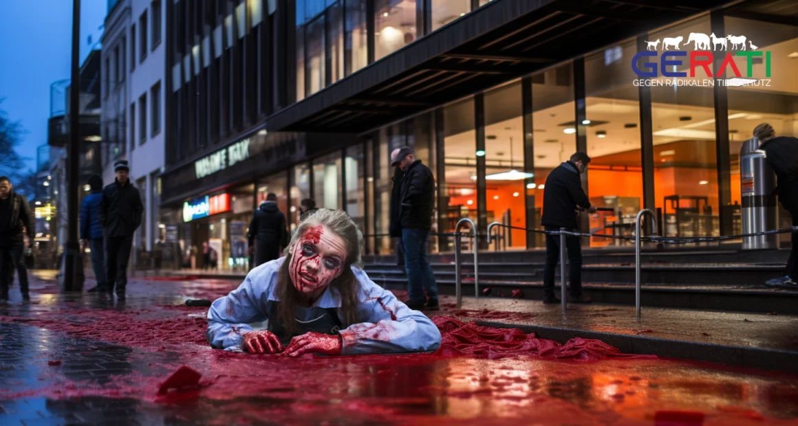 Eine Aktivistin, bedeckt mit roter Farbe, liegt auf der Straße vor dem Hauptquartier des Medienkonzerns 'Die Zeit' und hält ein blutiges Steak in den Händen, um auf die Kampagne 'Blutiges Steak' von PETA aufmerksam zu machen.