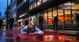 1 PETA Aktivistin, macht sich mit der Kampagne "Blutiges Steak" lächerlich - Passanten angewidert 2 Eine Aktivistin, bedeckt mit roter Farbe, liegt auf der Straße vor dem Hauptquartier des Medienkonzerns 'Die Zeit' und hält ein blutiges Steak in den Händen, um auf die Kampagne 'Blutiges Steak' von PETA aufmerksam zu machen.