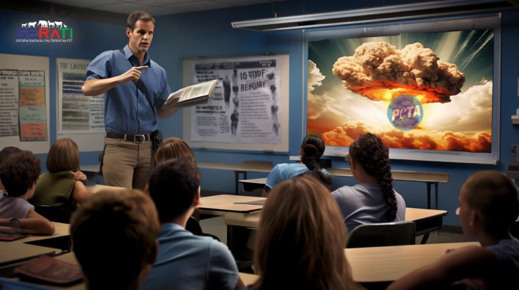 Fotorealistisches Bild einer Schulklasse, in der eine Lehrerin einen blauen PETA-Flyer hochhält und mit den Schülern diskutiert. Der Flyer ist farblich hervorgehoben, um auf die mögliche Gefahr hinzuweisen.