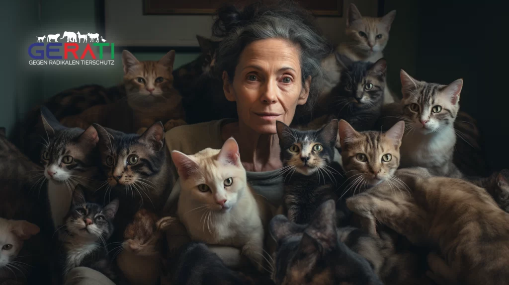 Beeindruckendes Bild einer Frau, die in ihrer überfüllten Wohnung 40 abgemagerte Katzen umarmt. Ein eindringliches Zeugnis der Tierhortung und des dringenden Bedarfs an Rettung und Fürsorge.