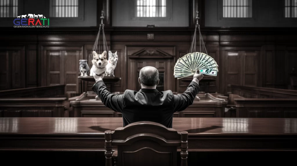 Ein Bild zeigt einen Gerichtssaal mit einem Richterhammer, der auf der Bank ruht, während eine Hand aus hinter Gitterstäben herausreicht. Das Bild symbolisiert die Frage: "Wer trägt die Kosten einer Beschlagnahme der Tiere ohne gerichtlichen Beschluss?"