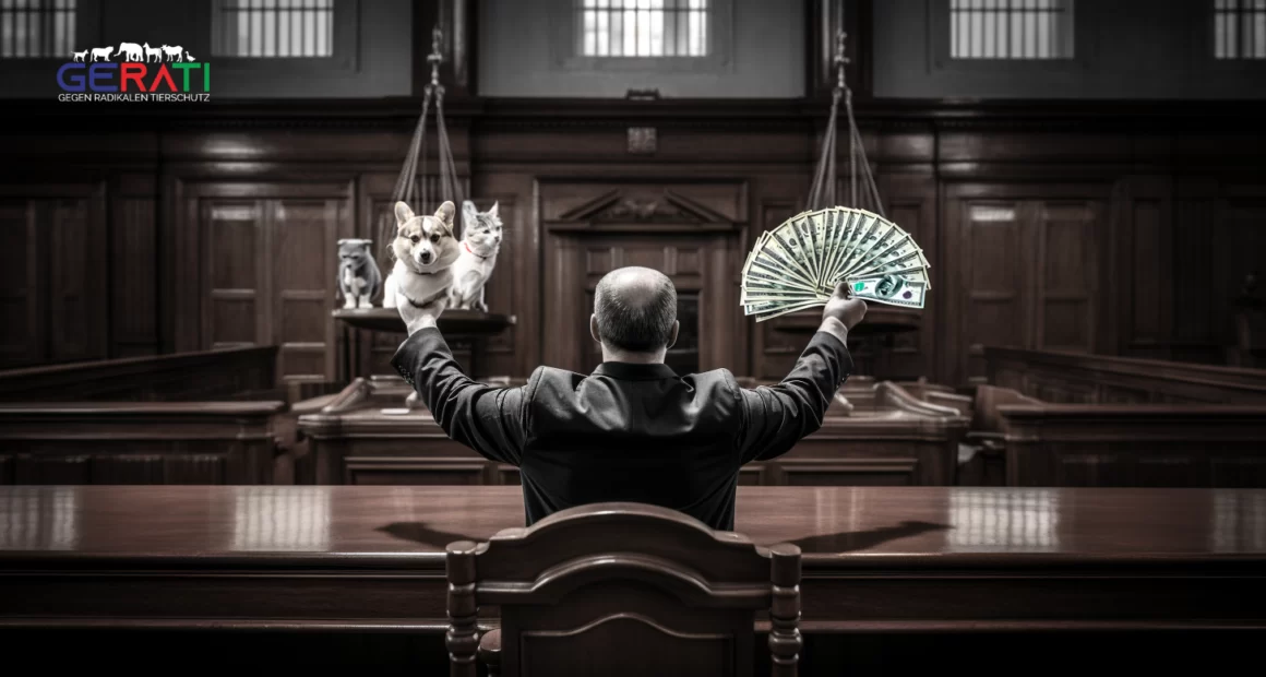 Ein Bild zeigt einen Gerichtssaal mit einem Richterhammer, der auf der Bank ruht, während eine Hand aus hinter Gitterstäben herausreicht. Das Bild symbolisiert die Frage: "Wer trägt die Kosten einer Beschlagnahme der Tiere ohne gerichtlichen Beschluss?"