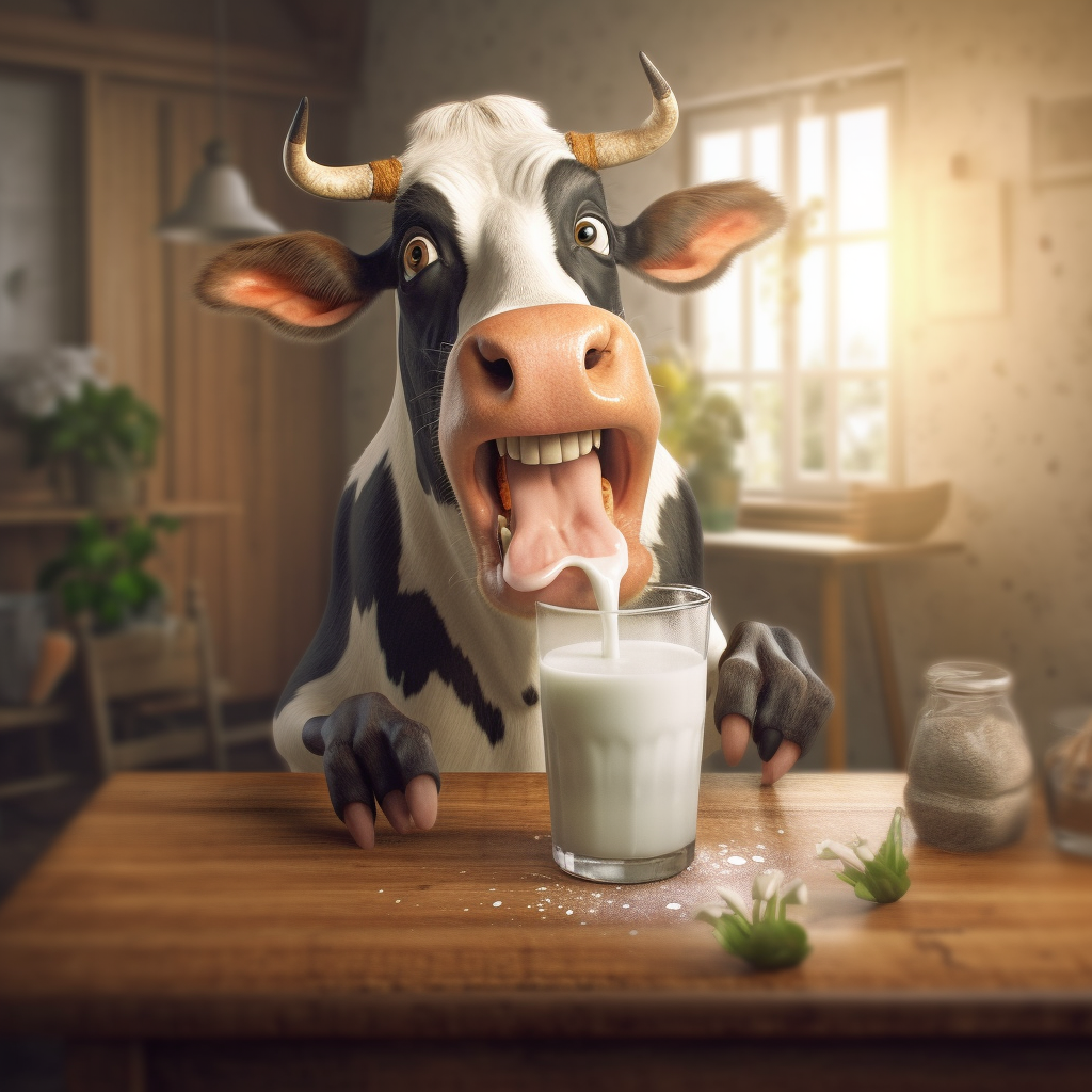 Ein Bild, das die Schlacht um Milch zeigt, mit kontrastierenden Visuals von Milchkühen und pflanzlichen Quellen, um die Debatte über den Milchkonsum zu betonen.