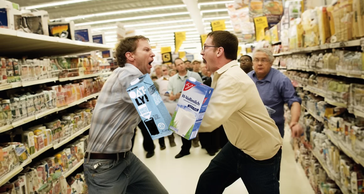 Ein überfüllter Supermarkt mit verzweifelten Kunden, die leere Kuhmilch festhalten, während die Mitarbeiter um das Auffüllen der Regale kämpfen.