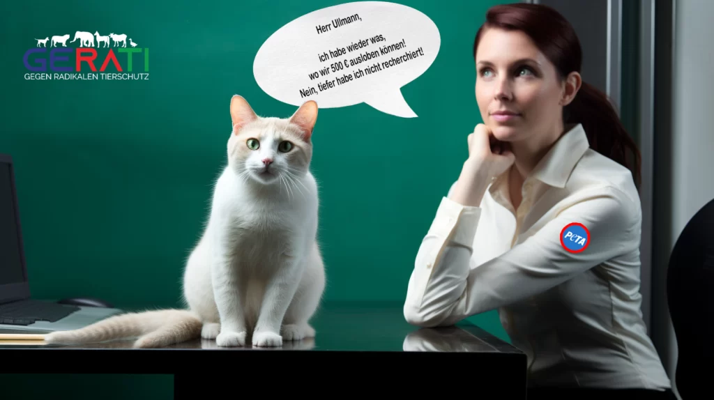 Ein PETA-Mitarbeiter sitzt an einem Schreibtisch. Über ihm sind sichtbare Kopier- und Einfügesymbole platziert, die seine mangelnde Expertise verdeutlichen sollen. Im Hintergrund befindet sich ein Snackautomat, aus dem eine Katze herausschaut.