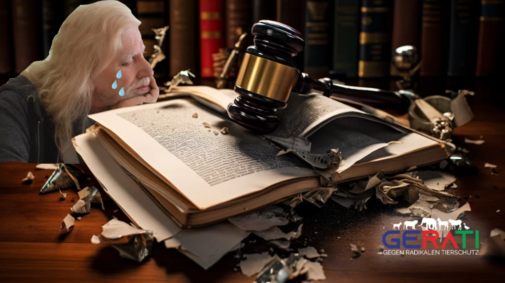 Ein Richter zerreißt ein colin Goldners Buch "Robby der letzte Zirkusschimpanse" im Gerichtssaal, wegen Urheberrechtsverletzung.