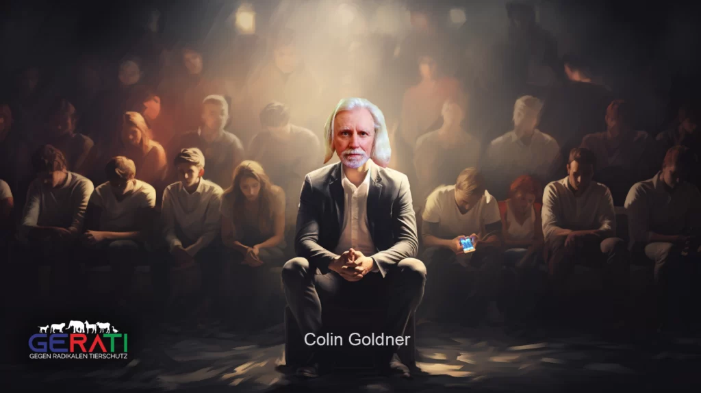 Bild von Colin Goldner, die auf einem Podium steht, umgeben von gelangweiltem Publikum. Auf der rechten Seite steht eine verwirrte und isolierte Person. Das Bild ist kontrastreich und enthüllt Geheimnisse und Intrigen.
